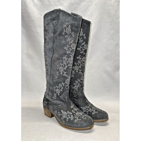 Eric Michael Heidi Knee High Grey Suede Embroidered Boho Western Boots Sz. 6.5 - Picture 1 of 10